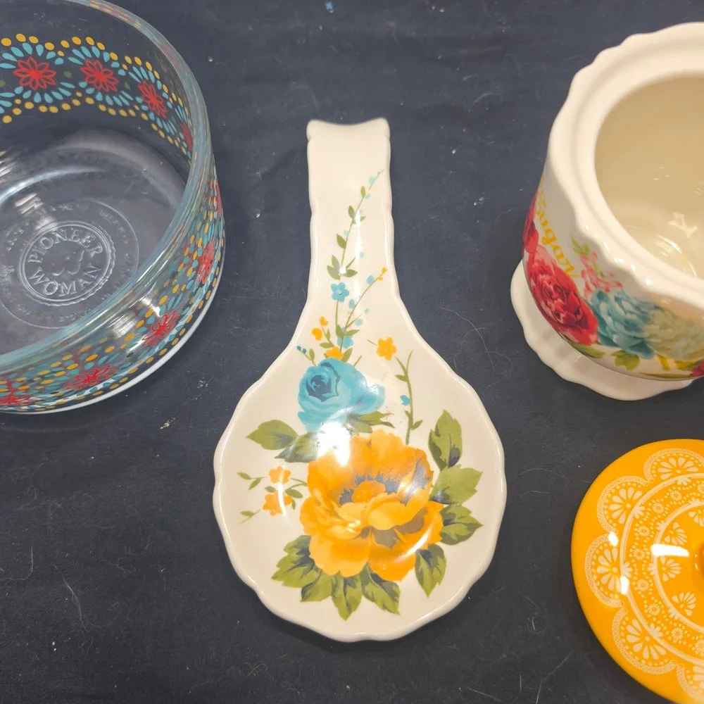 Pioneer Woman 3pc Kitchen Set Sugar Bowl Spoon Rest Glass Floral Bowl Multicolor